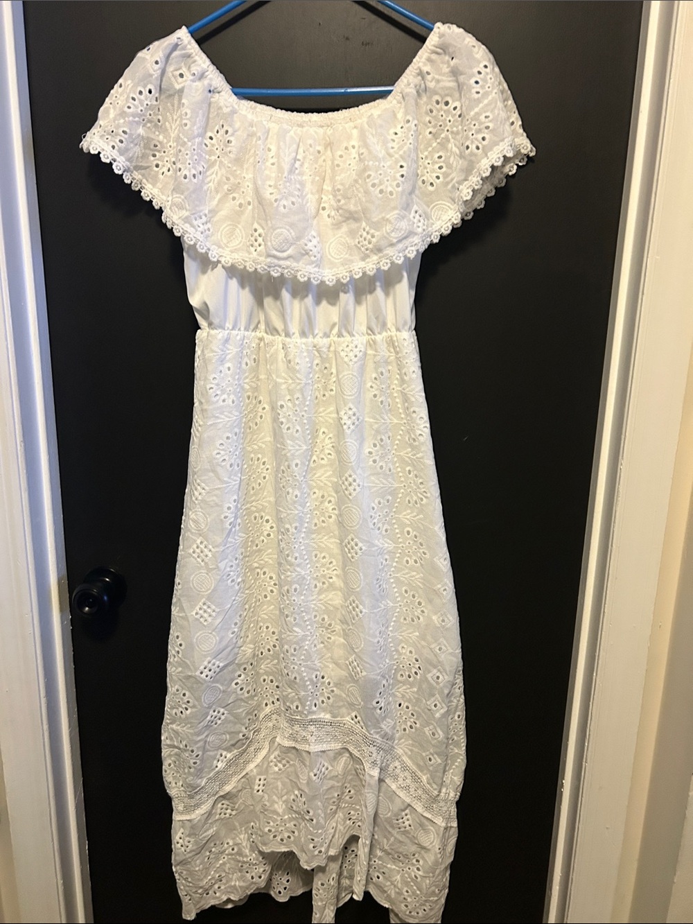 Off-Shoulder White Eyelet Midi Dress